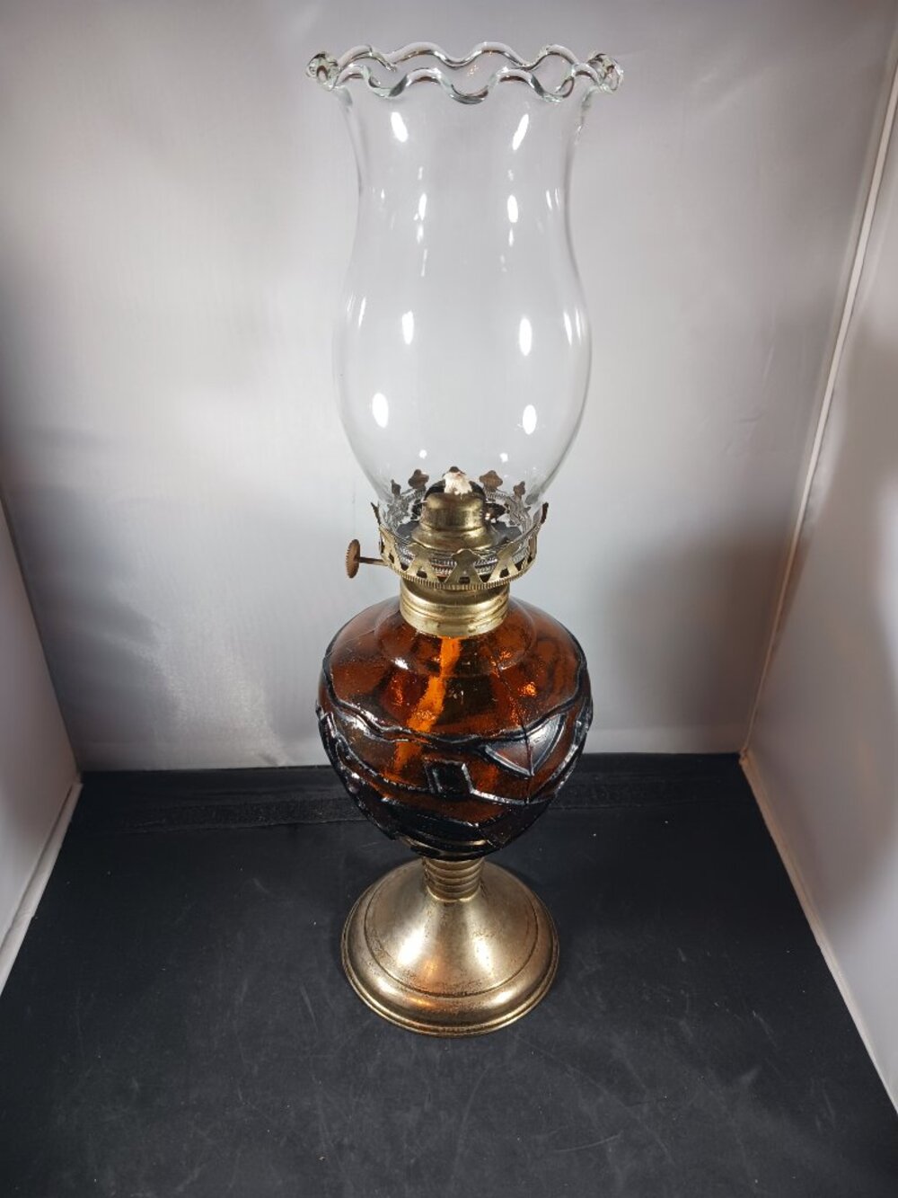 Vintage Large Amber Glass Oil Lamp